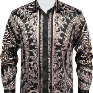 NEW! Men Gold Fashion Luxury Printed Satin Long Sleeve Button-Down Shirts